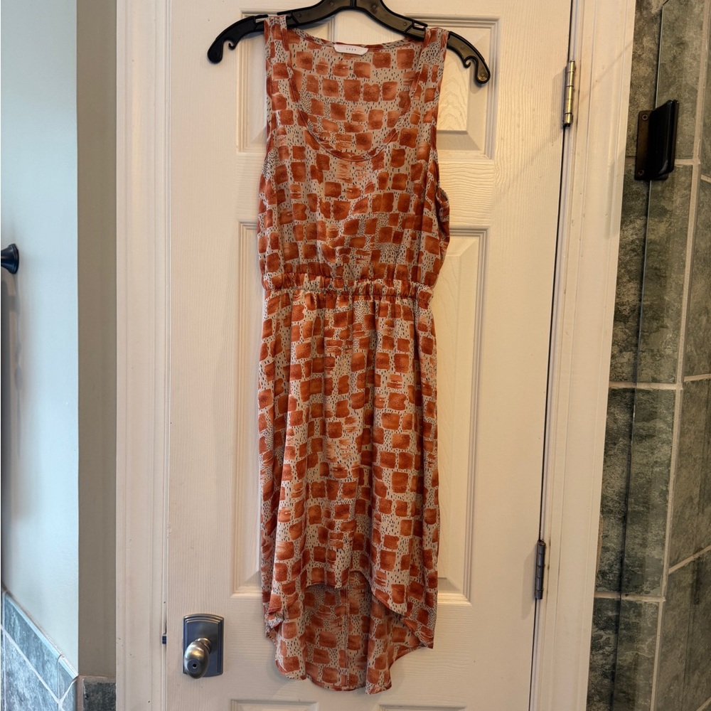 Sleeveless Orange and Cream Patterned High Low Dress